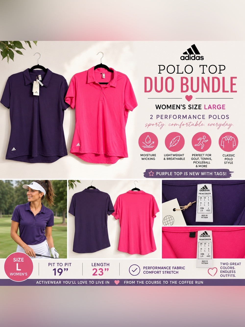 Adidas Women’s Golf Polo Top Duo Bundle Size Large Pink Purple Activewear